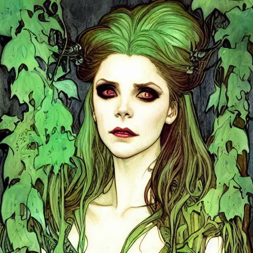 Image similar to a beautiful painting buffy the vampire slayer as poison ivy, dark eyeliner, intricate, elegant, highly detailed, digital painting, artstation, concept art, matte, sharp focus, illustration, art by rebecca guay and by arthur rackham and by alphonse mucha and by john william waterhouse