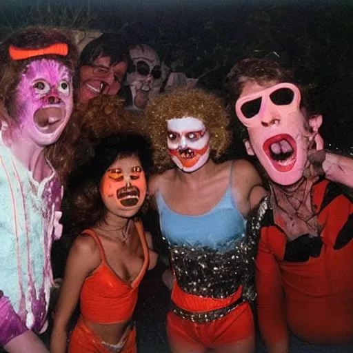 Prompt: Halloween party at a volcano in the 80's