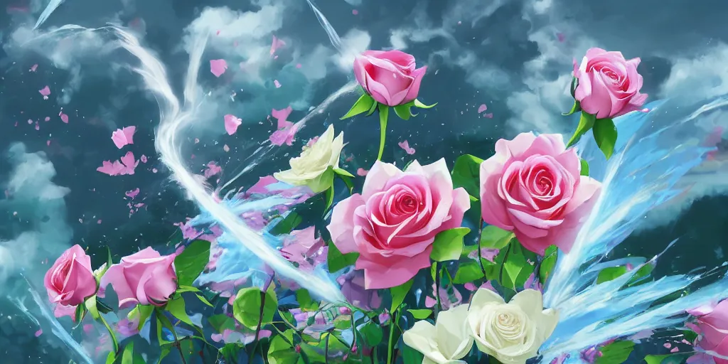 Image similar to background art of magic invisible blade slicing through a bouquet of white and pink roses, flowers exploding and spraying and splattering, big puffy clouds, exploding roses, large rose petals, lotus petals, large polygonal background elements, large polygons, studio ghibli anime, radiant lighting, artgerm, manga, trending on artstation, art nouveau, mature colors