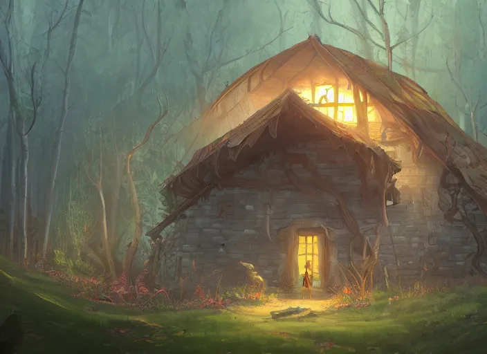 Prompt: a cartoonish rustic ramshackle hut in a mystical forest full of wonders, pine trees, magical atmosphere, trending on artstation, 30mm, by Noah Bradley trending on ArtStation, deviantart, high detail, stylized portrait