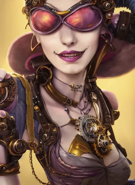 Prompt: steampunk portrait of jinx from league of legends, au naturel, hyper detailed, digital art, trending in artstation, cinematic lighting, studio quality, smooth render, unreal engine 5 rendered, octane rendered, art style by klimt and nixeu and ian sprigger and wlop and krenz cushart.