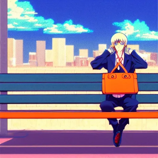 Image similar to salary man sitting on a bench in an airport, vaporwave nostalgia, commodore 6 4, visual novel cg, 8 0 s anime vibe, kimagure orange road, maison ikkoku, trending on artstation