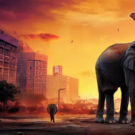 Image similar to elephant in a post apocalyptic city where the sky is on fire