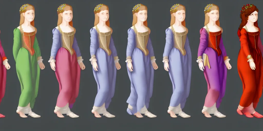 Prompt: walking animation sprite sheet of a girl in a renaissance dress, walking to the right, each sprite is a different frame of the animation