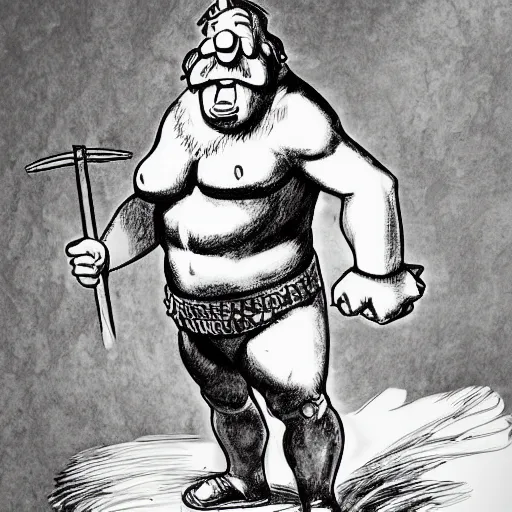 Prompt: a full body portrait of Obelix in the style of Mort Kunstler and Moebius