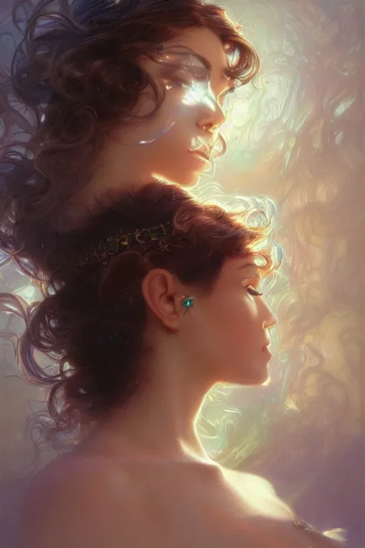 Image similar to realistic portrait of mata hair surrounded by veils, nge, dark fantasy, face closeup, intricate, highly detailed, digital painting, volumetric light, artstation, concept art, sharp focus, illustration, art by gil elvgren and greg rutkowski and luis royo, and alphonse mucha,