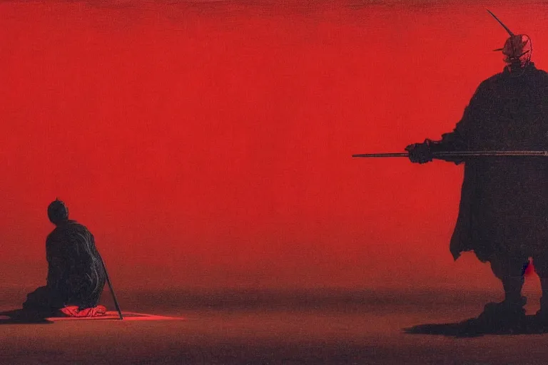 Image similar to only with red, a red samurai, tokio in background, some evil yokai, in the style of beksinski, parts by edward hopper, parts by rodcenko, parts by yue minjun, intricate and epic composition, red by caravaggio, insanely quality, highly detailed, masterpiece, red light, artstation, 4 k