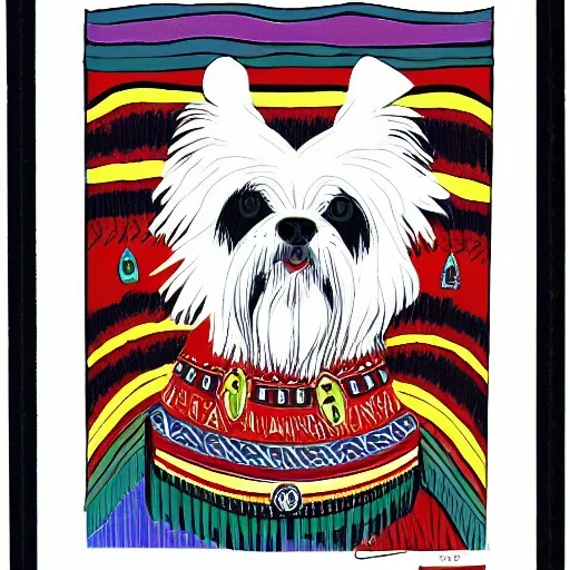 Image similar to tlingit haida lithograph, portrait of havanese dog, simplified forms, multiple colors, print by tristan - wolf reg davidson clifton guthrie maynard johnny jr.