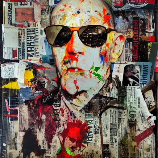 Image similar to hyperrealistic, photorealistic, mixed media oil painting of hunter s thompson, magazine scraps, plaster, blood, oil, mustard, splatter, greg rutkowski, basquiat, ralph steadman, wesley kimler, terry gilliam, andy warhol, dali