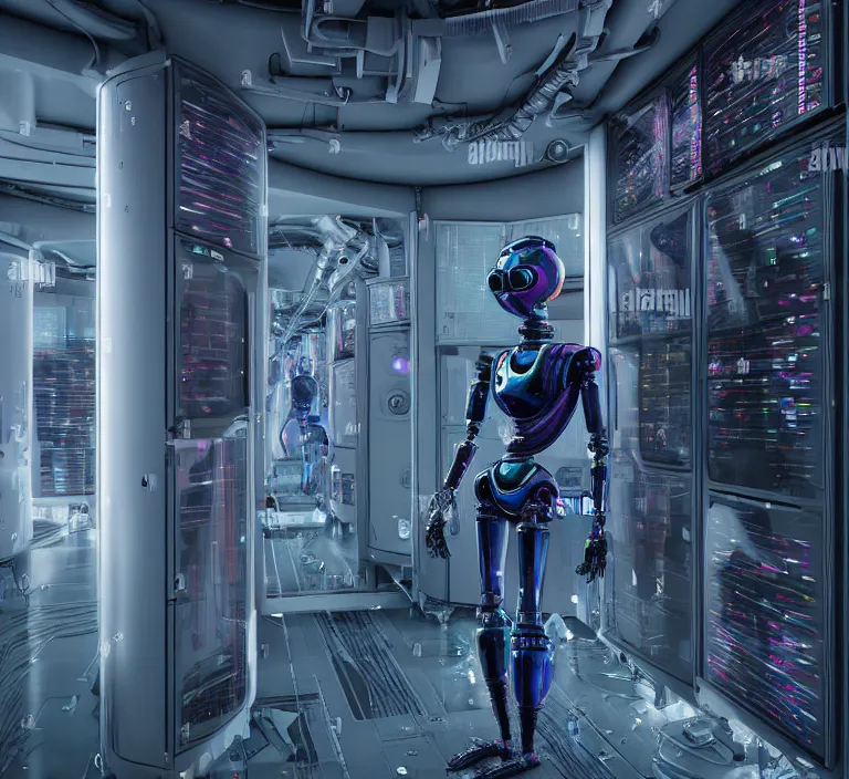 Prompt: hyperrealism colour detailed photography of highly detailed stylish robot in sci - fi style by gragory crewdson and katsuhiro otomo, mike winkelmann with many details by josan gonzalez working at the highly detailed data center by mike winkelmann and laurie greasley hyperrealism stock photo on dsmc 3 system rendered in blender and octane render