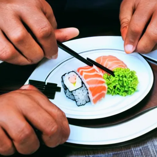 Prompt: photo, papua man in business suit eating sushi