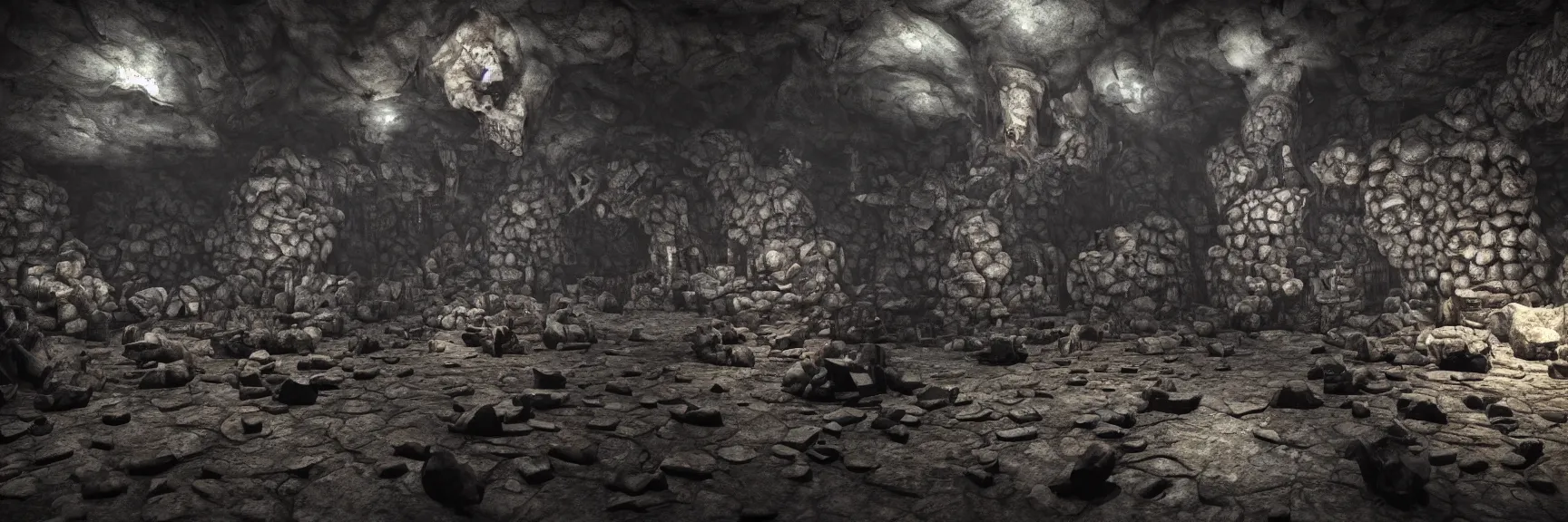 Image similar to Inside view of a creepy cave, narrow entrance on the ceiling looks like a human skull, runes chiseled on rock walls, skulls and bones scattered on the floor, ominous horror ambience; very detailed, artstation, unreal engine 5