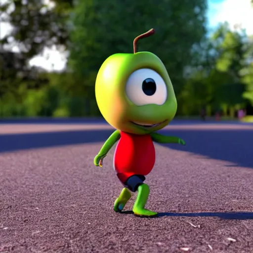 Prompt: A humanoid apple running in a park, 3D render, in the style of Pixar