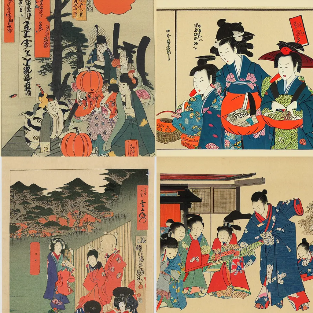Prompt: japanese woodblock print of children trick or treating on halloween, ukiyo - e, hokusai, highly detailed, vivid colors