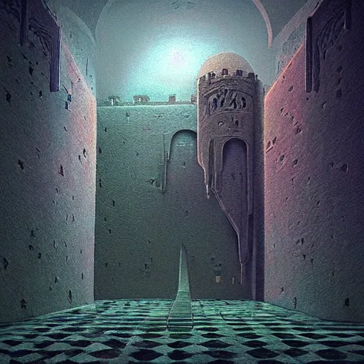 Image similar to “inside Castle from Legend Of Zelda: Ocarina of Time in the style of Zdzisław Beksiński. Trending on artstation”