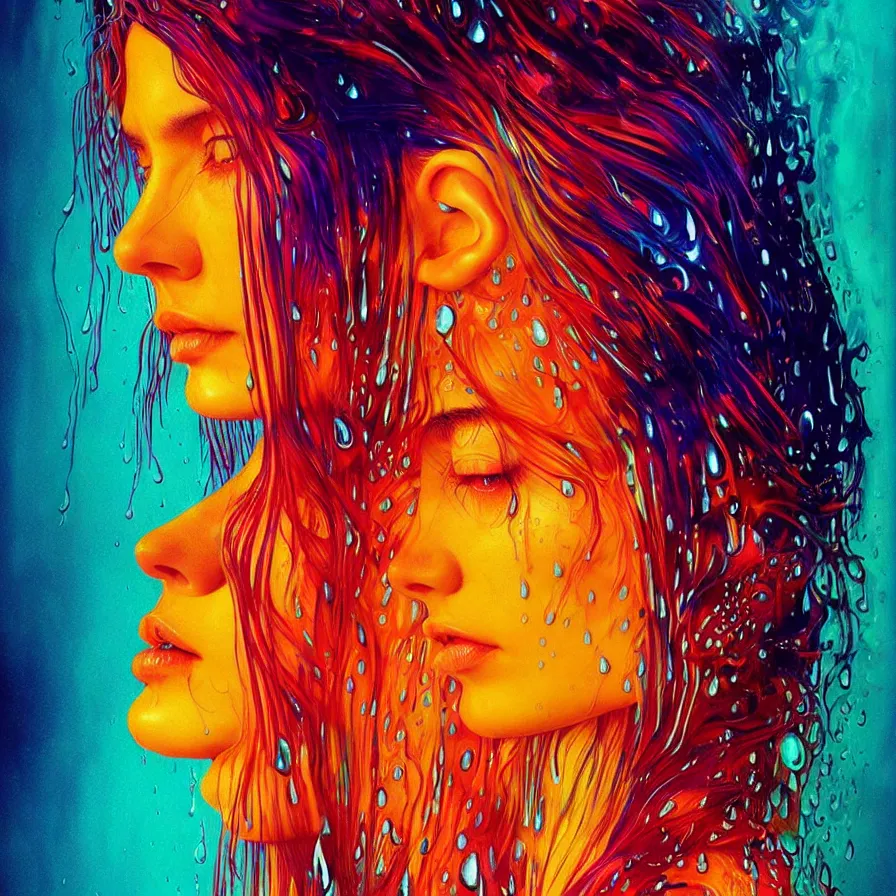 Image similar to bright asthetic portrait of LSD in rain with wet hair and face, liquid, fantasy, intricate, elegant, dramatic lighting, highly detailed, lifelike, photorealistic, digital painting, artstation, illustration, concept art, smooth, sharp focus, art by John Collier and Albert Aublet and Krenz Cushart and Artem Demura and Alphonse Mucha