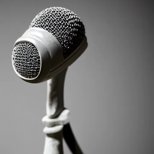 Image similar to an ancient sculpture of a microphone in white marble, close up photo, museum, ultra realistic, studio photo, bokeh, detailed.