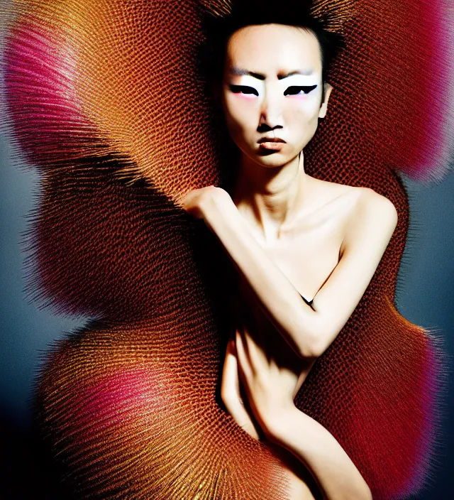 Image similar to photography portrait of stunning japanese woman with great hair style, wearing ae stunning sophisticated coat created by * iris van herpen *, with a colorfull makeup, half in shadow, natural pose, natural lighing, highly detailed, skin grain detail, photography by * paolo roversi *, lighting by * helmut newton *