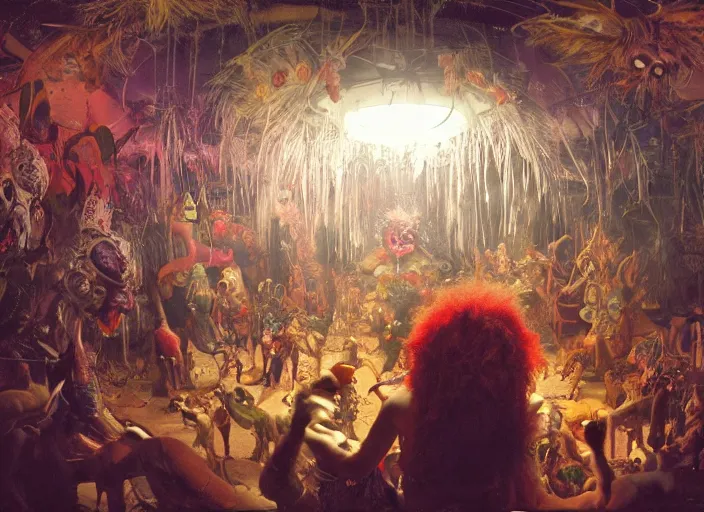 Image similar to wild underground carnival scene from a 7 0's movie by chris cunningham, kenneth anger and alejandro jodorowsky : : clowns, courtesans, animals : : ultra realistic, concept art, highly detailed by greg rutkowski, craig mullins, simon bisley 4 k