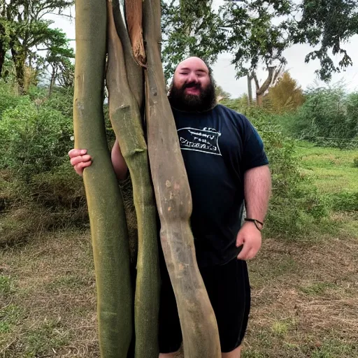 Image similar to a photo of a very hairy fat man with long hair holding a 2 0 m long yam