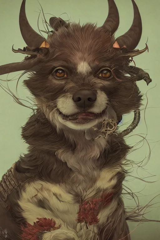 Prompt: a portrait of a japanese devil cannabis dog animal illustrated by miyazaki by karol bak, james jean, tom bagshaw, rococo, sharp focus, trending on artstation, cinematic lighting, hyper realism, octane render, 8 k, hyper detailed, vivid, ultra detailed, highly detailed