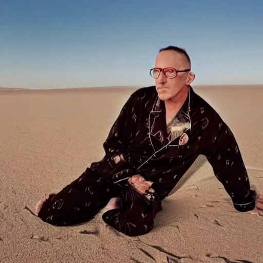 Prompt: photograph of maynard james keenan wearing pajamas in the desert