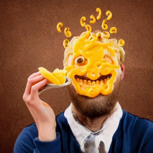 Image similar to a man with mac n' cheese streaming out of his eyes, nose, mouth and ears. photograph. delicious.