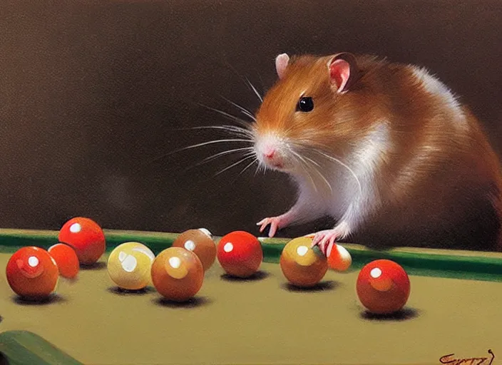 Image similar to a highly detailed beautiful portrait of a hamster playing pool, by gregory manchess, james gurney, james jean