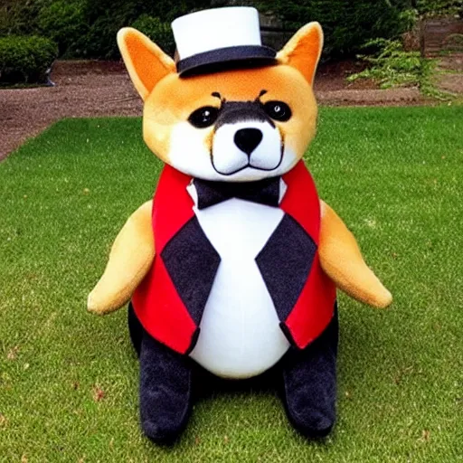 Prompt: a shiba plush wearing a top hat