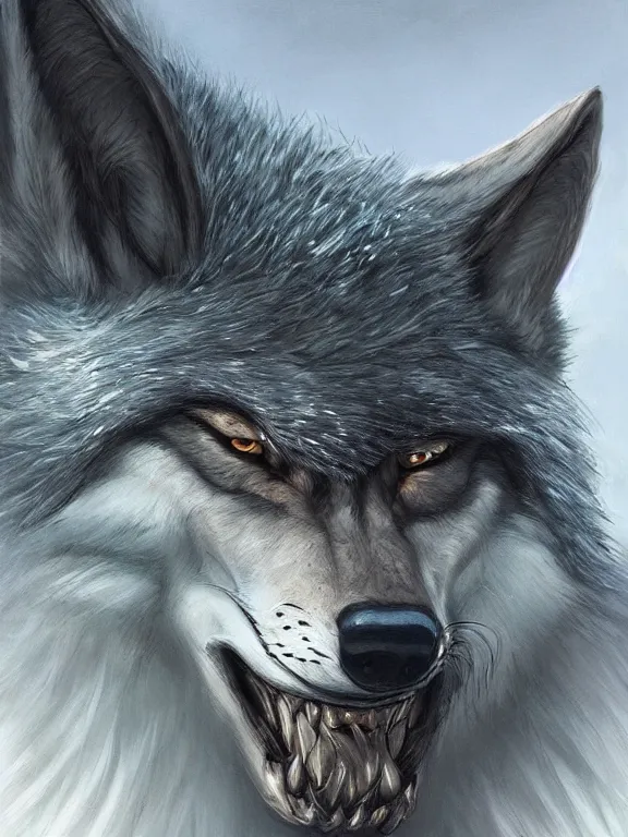 Image similar to 3/4 headshot portrait of cute anthro wolf man, handsome, fantasy, intricate, long muzzle, wolf ears, fursona, black fur, elegant, highly detailed, digital painting, artstation, concept art, smooth, sharp focus, illustration, art by artgerm and greg rutkowski and alphonse mucha bright sandy beach in background