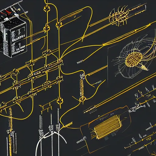 Prompt: digital art of neurons and electrical components, technical drawing