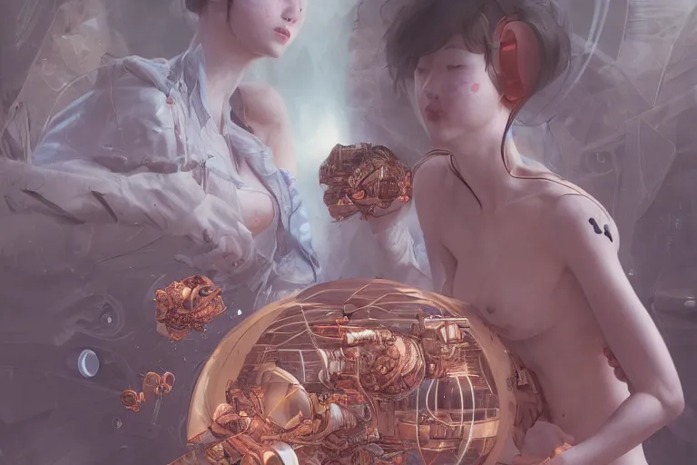 Prompt: hyperrealistic photography of a machine entering a female venus host in the style of Jin Kagetsu, James Jean and wlop, highly detailed, sharp focus, intricate concept art, digital painting, ambient lighting, 4k, artstation