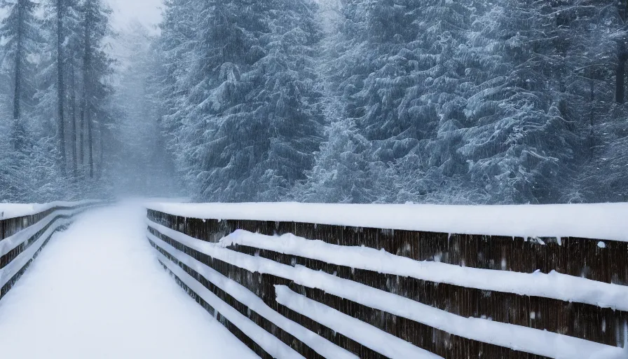 Image similar to wooden guardrails covered by snow in beautiful winter landscape. fog, snowstorm, photorealistic rendering, octane, depth of field, blurry