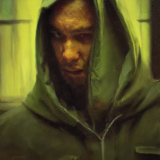 Image similar to portrait of a wondering chad programmer with green hood by jeremy mann, dramatic lighting, close up
