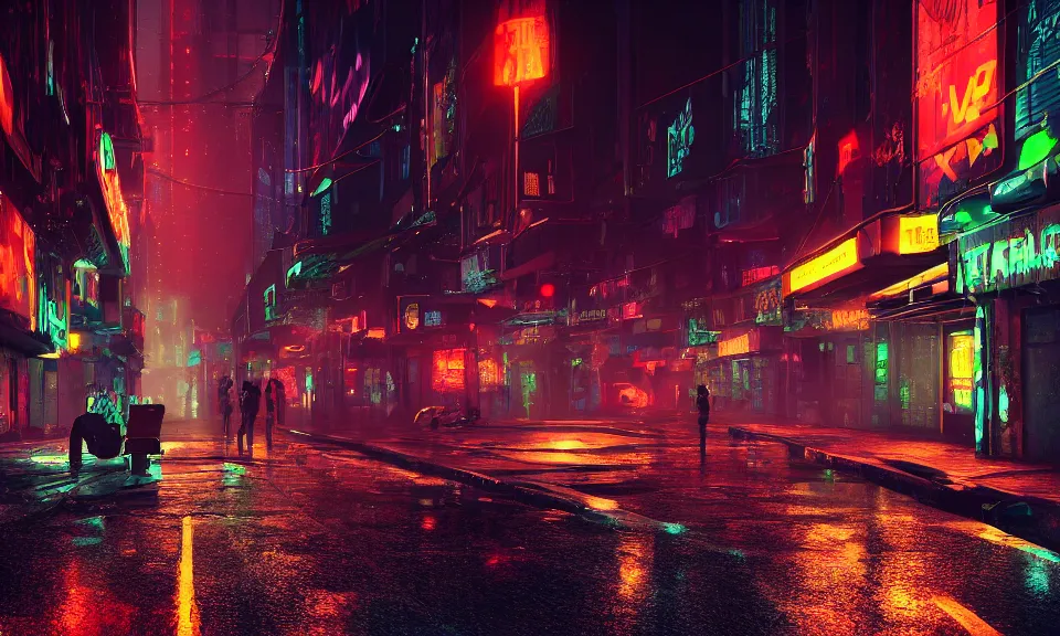 Image similar to a dark cyberpunk street scene with neon lights, raining, a lonely cyborg sits on the floor, unreal engine 5, shallow depth of focus, 4k uhd wallpaper