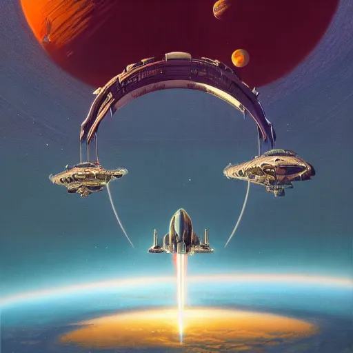 Prompt: cinematic view of a retrofuturistic spaceship orbiting an earth - like planet, tim hildebrandt, wayne barlowe, syd mead, john harris, bruce pennington, donato giancola, larry elmore, oil on canvas, artstation, pixiv, cinematic composition, dramatic, beautiful lighting, sharp, details, hd, hdr, 4 k