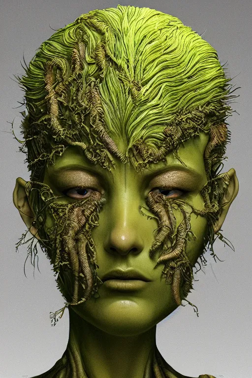 Prompt: beautiful portrait of a mutant algae plant character, intricate, dystopian, eyelashes, extremely detailed, digital painting, sculpted in zbrush, artstation, concept art, smooth, sharp focus, illustration, chiaroscuro soft lighting, golden ratio, rule of thirds, fibonacci, incredible art by Stanley Artgerm Lau and Greg Rutkowski, composition by mike mignola and Simon Stalenhag,