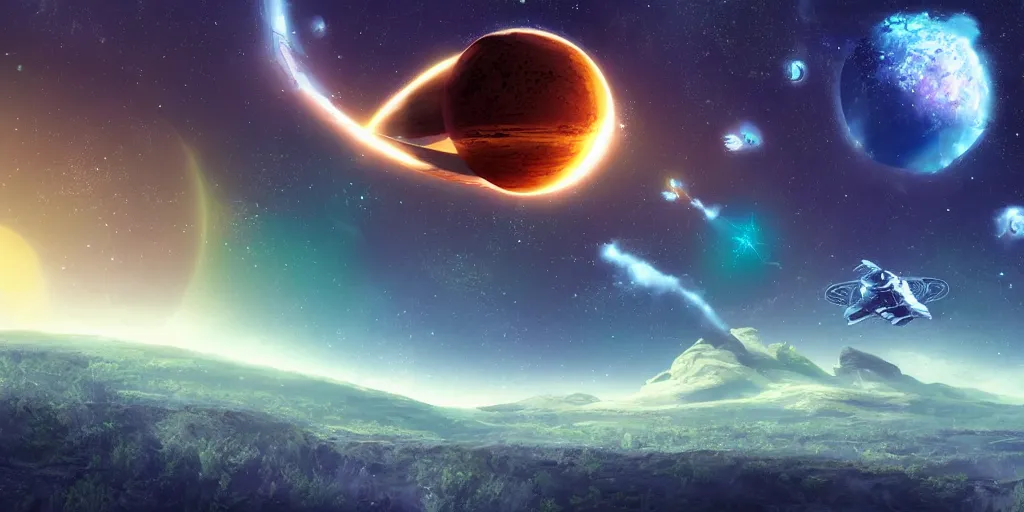 Prompt: alien world, beautiful landscape, digital art, space in the sky, planet ring, spaceship, explosion further away