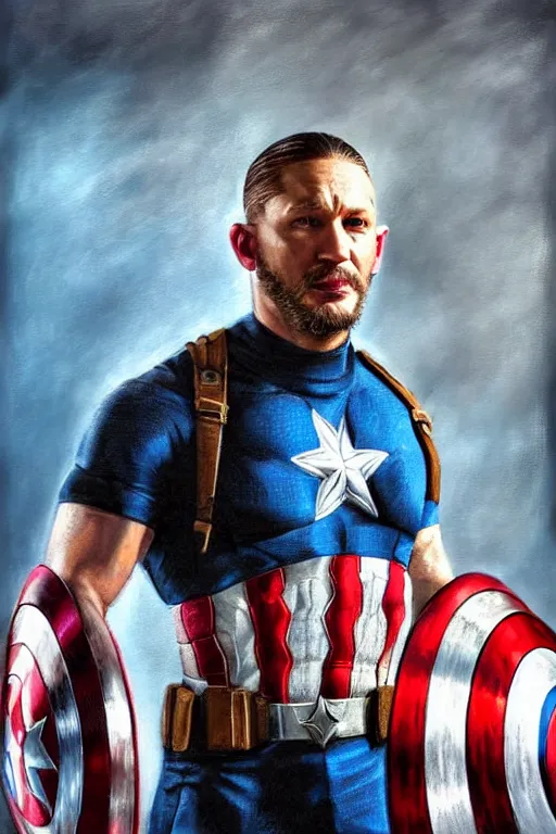 Image similar to a full body high detail fantasy portrait oil painting illustration of Tom Hardy as Captain America by Justin Sweet with face and body clearly visible, in a scenic background, pupils visible, realistic proportions, artstation trending, high quality, sombre mood, artstation trending, muted colours, no crop, entire person visible!, natural light, dusty, Adobe Photoshop, Adobe Lightroom, photolab, Affinity Photo,