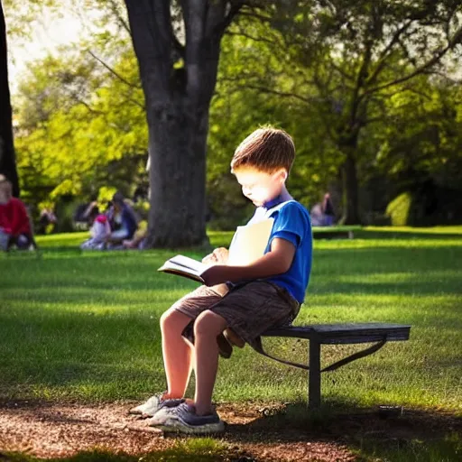 Prompt: a young boy reading a book about nuclear power sat in a public park, a sense of awe, warm dappled light, trees, over the shoulder shot, in the style of norman rockwell