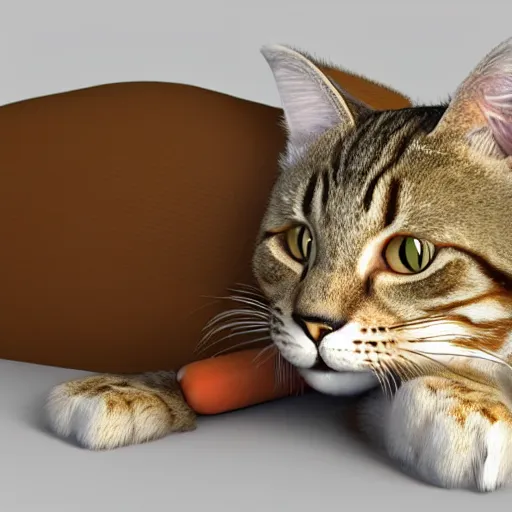 Image similar to big tabby cat with white paws biting a carrot 3D