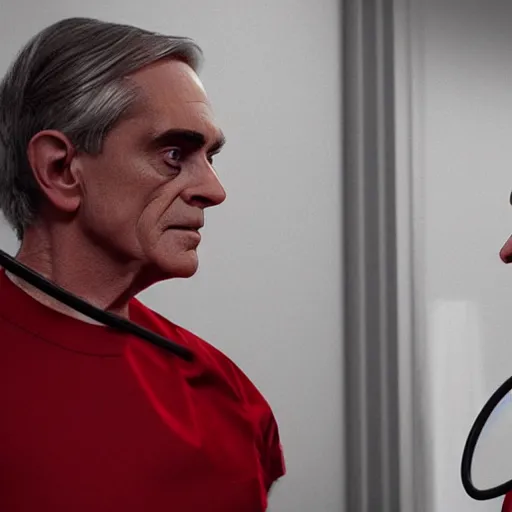 Image similar to a scene from the movie dead ringers with clean shaven jeremy irons, dark cinematic lighting, heavy black and red palette and color contrast, medical equipment, movie directed by wes craven, 3 d octane render