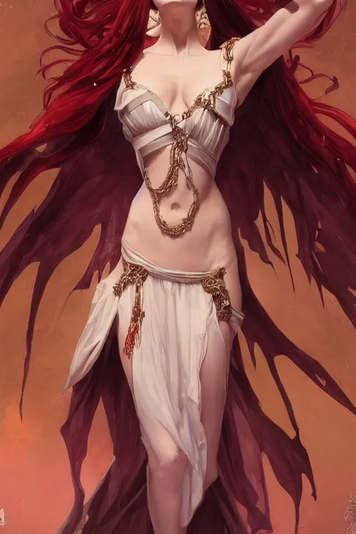 Image similar to beautiful vampire female queen, full body shot, ascending form the sky, hands reaching for her, d & d, fantasy, intricate, elegant, highly detailed, digital painting, artstation, concept art, matte, sharp focus, illustration, hearthstone, art by artgerm and greg rutkowski and alphonse mucha