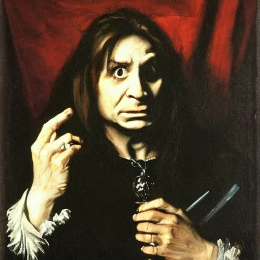 Prompt: Ozzy Osbourne as a royal courtly magician in the 17th century. Baroque portrait in the style of Caravaggio, William Merritt Chase, Goya.