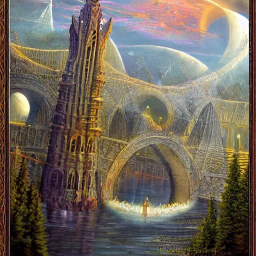 Prompt: soaring towers and openwork bridges, under outer world forrest, rivers and lakes, art by Dmitry Dubinsky