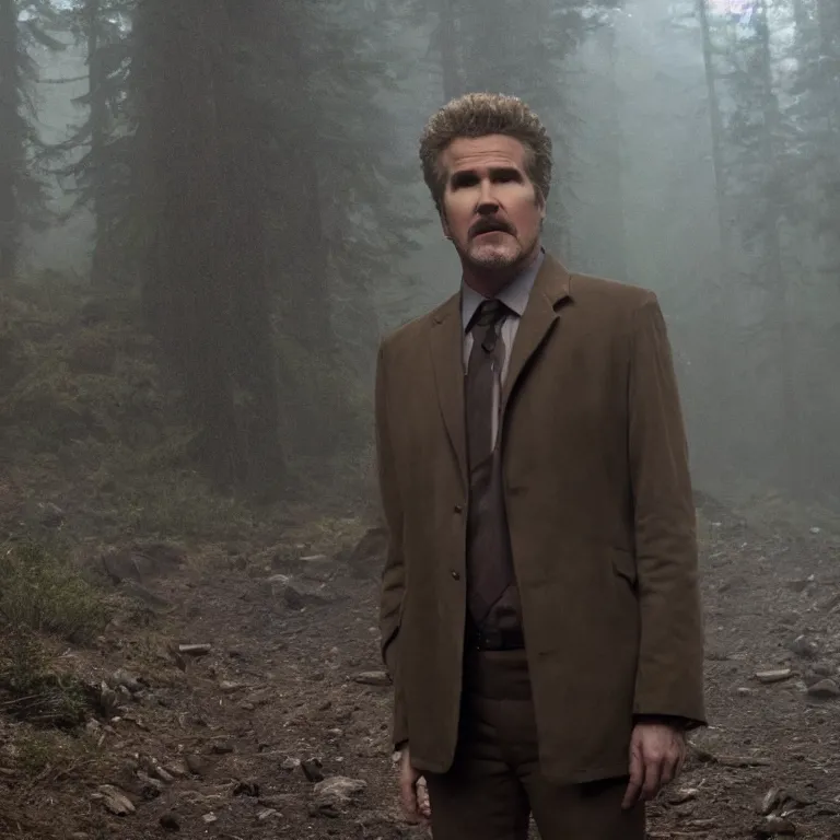 Prompt: will farrell in twin peaks, movie still, 8 k, hdr, atmospheric lighting