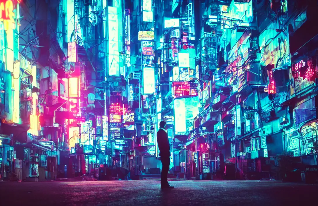 Prompt: man standing in front of a cyberpunk city, neon lights, bokeh, award wining photograph, movie still,
