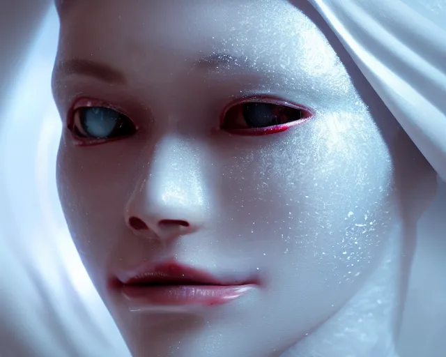 Image similar to a film still of a synthetic female human wrapped in white cloth, tribal facepaint, in neotokyo, cinematic lighting, high resolution, 4 k