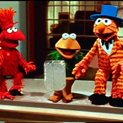 Prompt: freddy kruger visiting the muppets on sesame street, 70s video