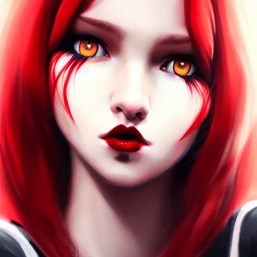 Image similar to a realistic illustration portrait of a beautiful cute girl with wavy black and red hair, a pointy nose and, round chin black eyeliner, trending on artstation, hyper - realistic lighting, intricate, ross tran, realistic hair